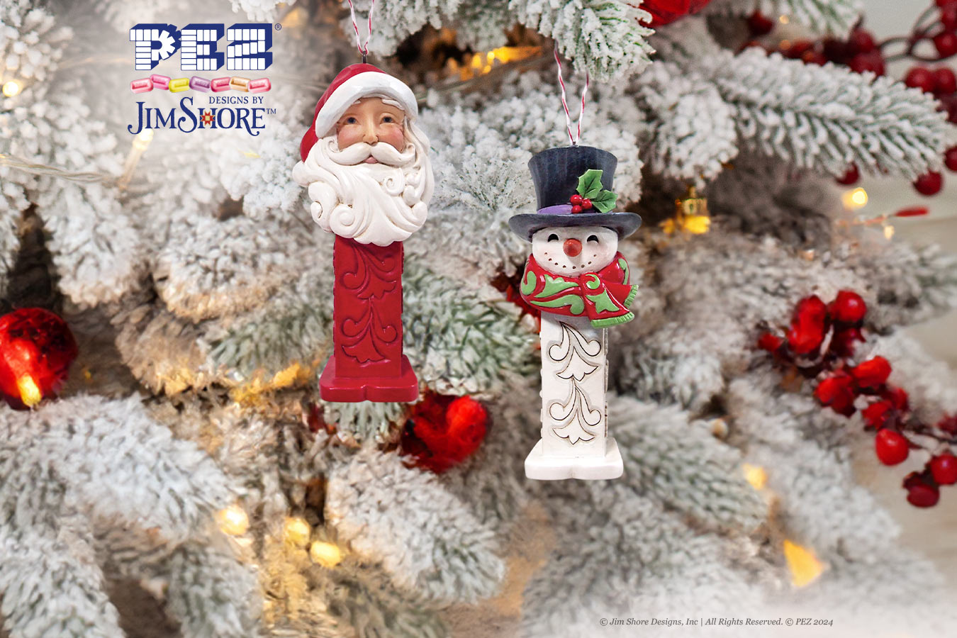 Pez ornaments hanging in Christmas tree