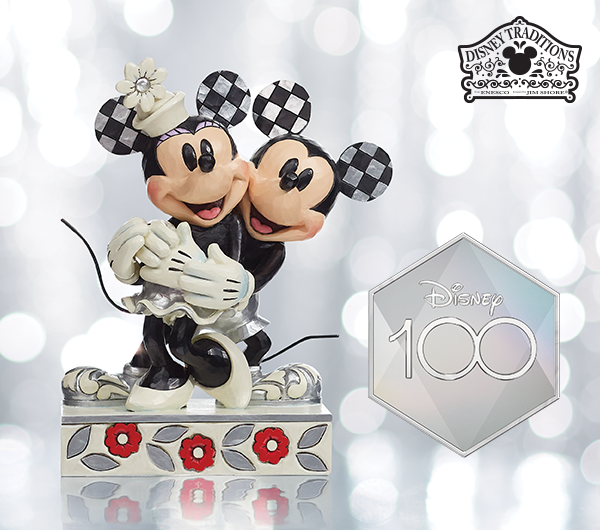 Mickey Mouse and Minnie Mouse with Disney100 and Disney Traditions logos