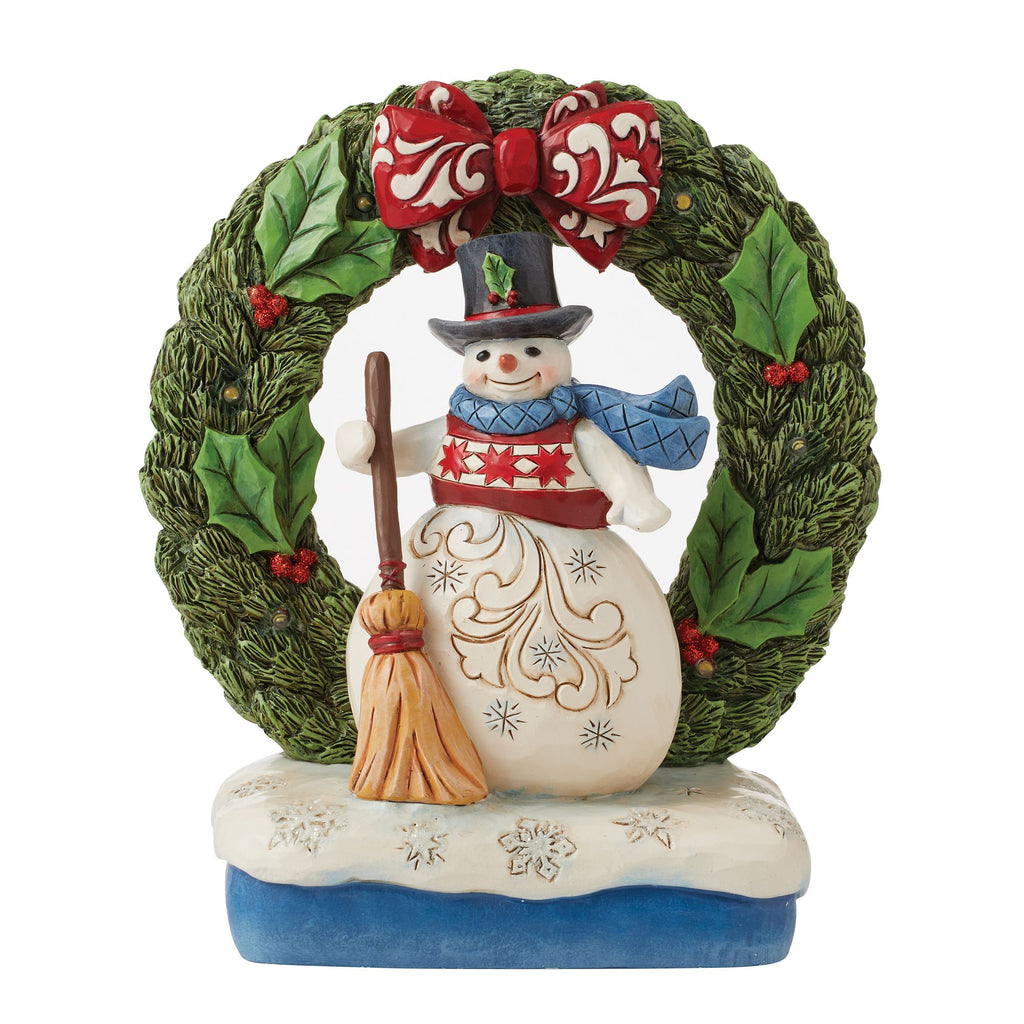 Snowman by Light-Up Wreath